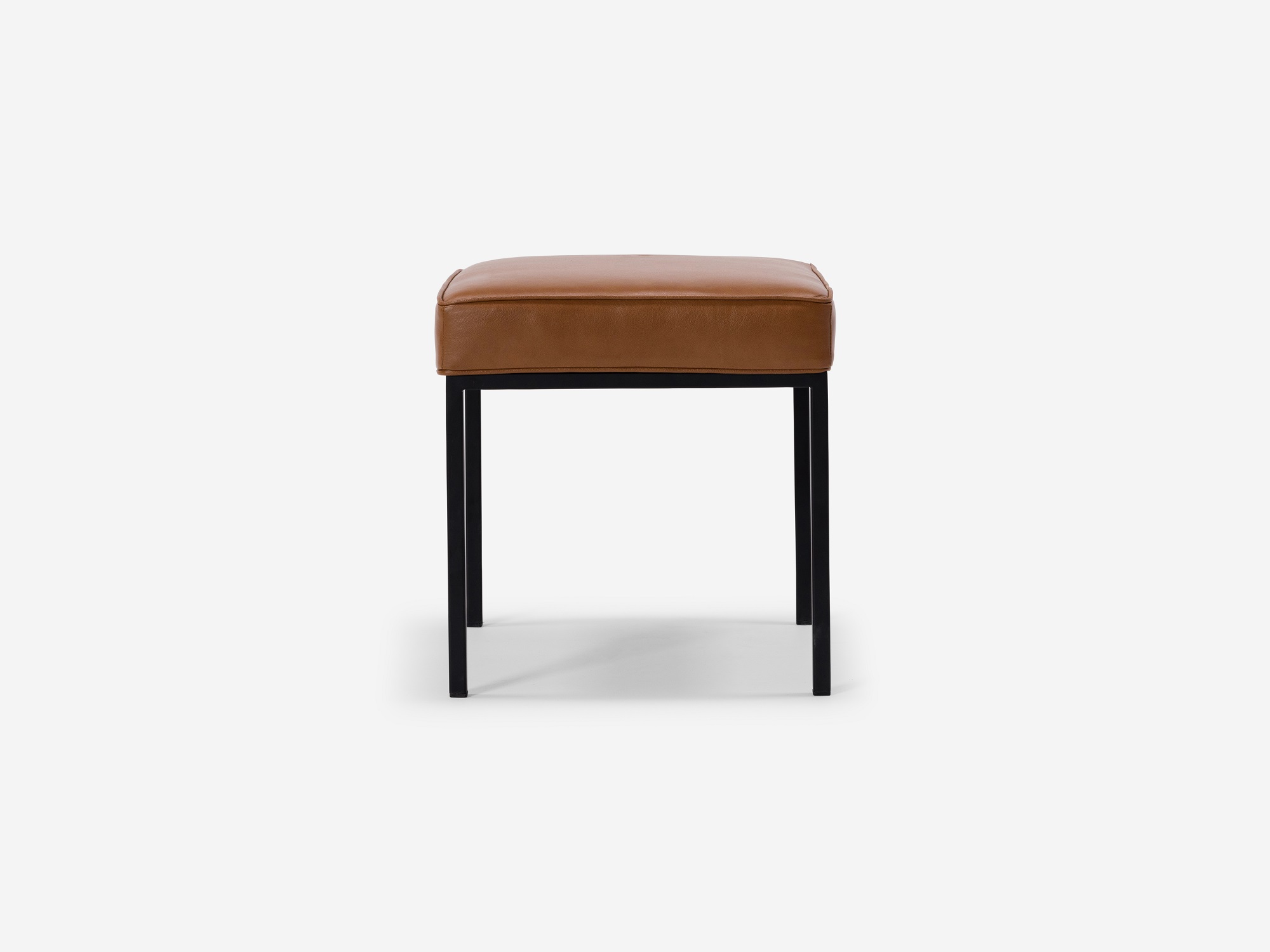 Front view of the Bank fabric stool with dark brown leather seat and black base